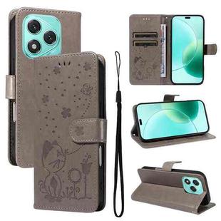 For Honor 400 Lite Cat and Bee Embossed Flip Leather Phone Case(Grey)