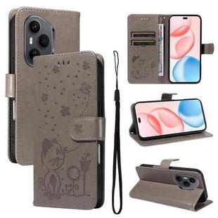 For Honor 400 Pro Global 160.8mm Cat and Bee Embossed Flip Leather Phone Case(Grey)