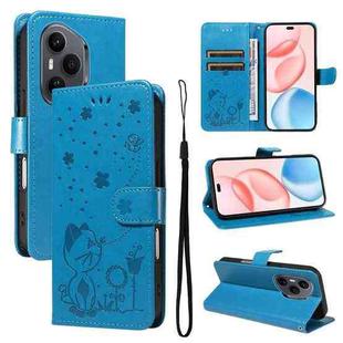For Honor 400 Pro Global 160.8mm Cat and Bee Embossed Flip Leather Phone Case(Blue)
