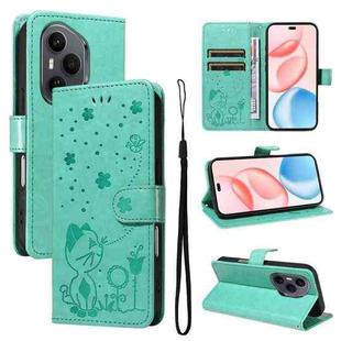 For Honor 400 Pro Global 160.8mm Cat and Bee Embossed Flip Leather Phone Case(Green)
