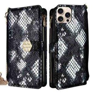 For iPhone 15 Pro Crossbody Handle Snake Texture Leather Phone Case(Black)