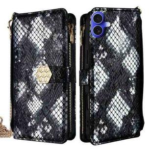 For iPhone 16 Crossbody Handle Snake Texture Leather Phone Case(Black)