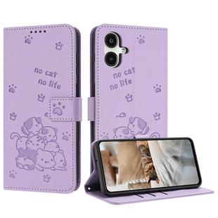 For Samsung Galaxy A25 5G Japan Embossed Kitten Phone Leather Case with Lanyard(Purple)