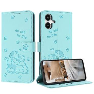 For Samsung Galaxy A25 5G Japan Embossed Kitten Phone Leather Case with Lanyard(Mint Green)