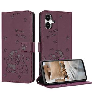 For Samsung Galaxy A25 5G Japan Embossed Kitten Phone Leather Case with Lanyard(Wine Red)