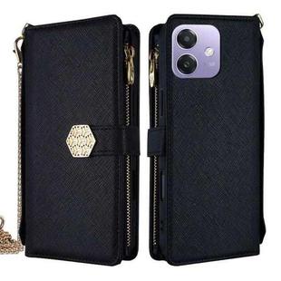 For OPPO A3x 5G India Crossbody Handle Cross Texture Leather Phone Case(Black)
