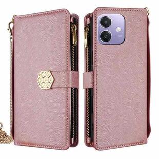 For OPPO A3x 5G India Crossbody Handle Cross Texture Leather Phone Case(Rose Gold)