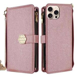 For iPhone 13 Pro Crossbody Handle Cross Texture Leather Phone Case(Rose Gold)
