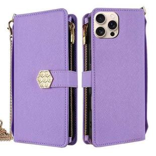 For iPhone 13 Pro Crossbody Handle Cross Texture Leather Phone Case(Purple)