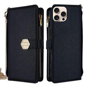 For iPhone 13 Pro Max Crossbody Handle Cross Texture Leather Phone Case(Black)