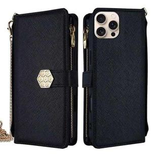 For iPhone 14 Pro Max Crossbody Handle Cross Texture Leather Phone Case(Black)