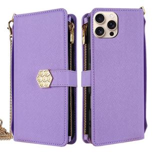 For iPhone 15 Pro Crossbody Handle Cross Texture Leather Phone Case(Purple)
