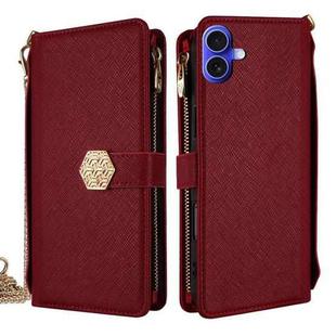 For iPhone 16 Crossbody Handle Cross Texture Leather Phone Case(Red)