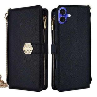 For iPhone 16 Plus Crossbody Handle Cross Texture Leather Phone Case(Black)