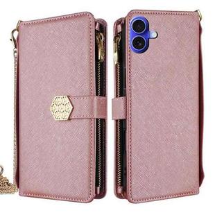 For iPhone 16 Plus Crossbody Handle Cross Texture Leather Phone Case(Rose Gold)