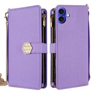 For iPhone 16 Plus Crossbody Handle Cross Texture Leather Phone Case(Purple)