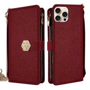 For iPhone 16 Pro Crossbody Handle Cross Texture Leather Phone Case(Red)