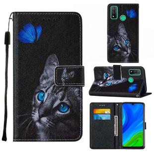 For Huawei P smart 2020 Cross Texture Painting Pattern Horizontal Flip Leather Case with Holder & Card Slots & Wallet & Lanyard(Blue Butterfly Cat Eye)