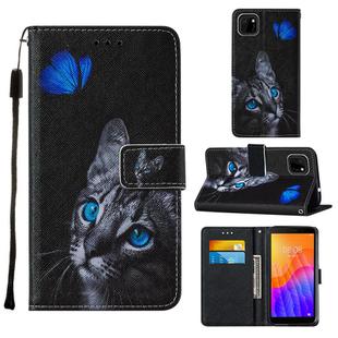 For Huawei Y5p / Honor 9S Cross Texture Painting Pattern Horizontal Flip Leather Case with Holder & Card Slots & Wallet & Lanyard(Blue Butterfly Cat Eye)