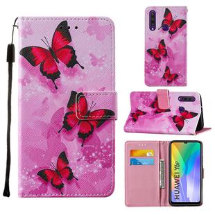For Huawei Y6p Cross Texture Painting Pattern Horizontal Flip Leather Case with Holder & Card Slots & Wallet & Lanyard(Pink Butterfly)
