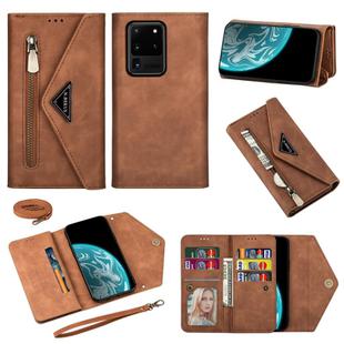 For Samsung Galaxy S20 Ultra Skin Feel Zipper Horizontal Flip Leather Case with Holder & Card Slots & Photo Frame & Lanyard & Long Rope(Brown)