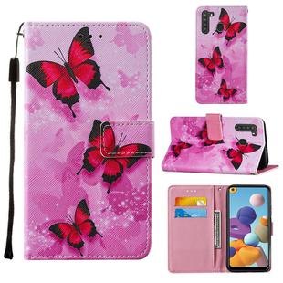 For Samsung Galaxy A21 Cross Texture Painting Pattern Horizontal Flip Leather Case with Holder & Card Slots & Wallet & Lanyard(Pink Butterfly)
