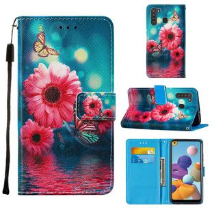 For Samsung Galaxy A21 Cross Texture Painting Pattern Horizontal Flip Leather Case with Holder & Card Slots & Wallet & Lanyard(Chrysanthemum)