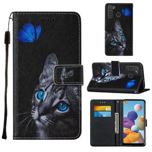 For Samsung Galaxy A21 Cross Texture Painting Pattern Horizontal Flip Leather Case with Holder & Card Slots & Wallet & Lanyard(Blue Butterfly Cat Eyes)