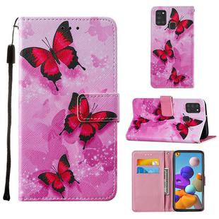 For Samsung Galaxy A21s Cross Texture Painting Pattern Horizontal Flip Leather Case with Holder & Card Slots & Wallet & Lanyard(Pink Butterfly)