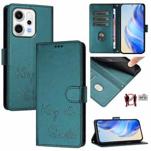 For OPPO Reno14 Global Smile Embossing RFID Leather Phone Case(Peacock Green)