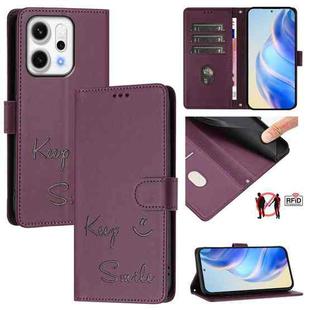 For OPPO Reno14 Global Smile Embossing RFID Leather Phone Case(Violet)