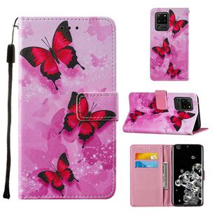 For Samsung Galaxy S20 Ultra Cross Texture Painting Pattern Horizontal Flip Leather Case with Holder & Card Slots & Wallet & Lanyard(Pink Butterfly)