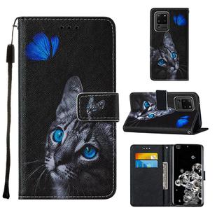 For Samsung Galaxy S20 Ultra Cross Texture Painting Pattern Horizontal Flip Leather Case with Holder & Card Slots & Wallet & Lanyard(Blue Butterfly Cat Eyes)