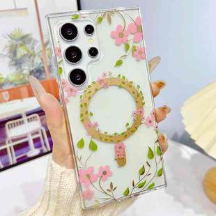 For Samsung Galaxy S23 Ultra 5G Dual-side Laminating IMD MagSafe Phone Case(Pink Flowers)