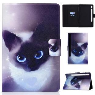 For Samsung Galaxy Tab S8 / Galaxy Tab S7 T870 Electric Pressed Colored Drawing Horizontal Flip Leather Case with Holder & Card Slots & Sleep / Wake-up function(Blue Eyed Cat)