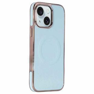 For iPhone 15 Plus Electroplating Soft Side Sticker Leather MagSafe Phone Case(Sky Blue)