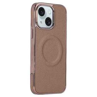 For iPhone 15 Electroplating Soft Side Sticker Leather MagSafe Phone Case(Gold)