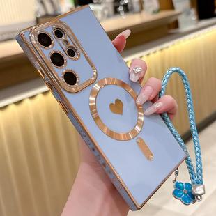 For Samsung Galaxy S25 Ultra 5G Pupil Side Heart MagSafe Electroplating Phone Case with Lanyard(Far Peak Blue)