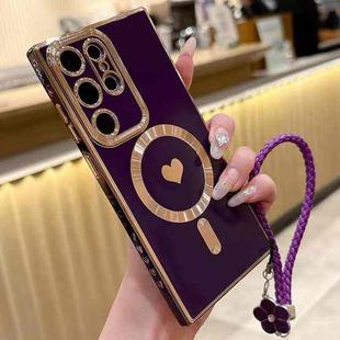 For Samsung Galaxy S24 Ultra 5G Pupil Side Heart MagSafe Electroplating Phone Case with Lanyard(Dark Purple)