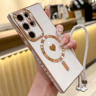 For Samsung Galaxy S24 Ultra 5G Pupil Side Heart MagSafe Electroplating Phone Case with Lanyard(White)
