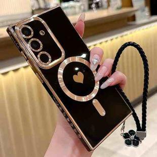 For Samsung Galaxy S24 FE 5G Pupil Side Heart MagSafe Electroplating Phone Case with Lanyard(Black)
