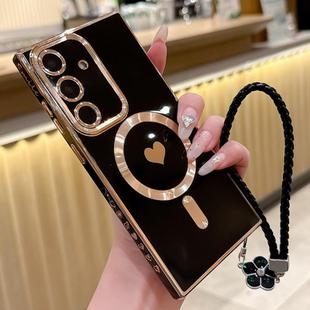 For Samsung Galaxy S24 5G Pupil Side Heart MagSafe Electroplating Phone Case with Lanyard(Black)