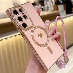 For Samsung Galaxy S23 Ultra 5G Pupil Side Heart MagSafe Electroplating Phone Case with Lanyard(Pink)