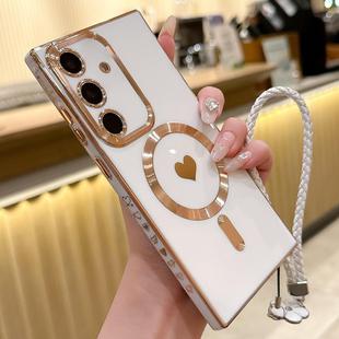 For Samsung Galaxy S23 FE 5G Pupil Side Heart MagSafe Electroplating Phone Case with Lanyard(White)