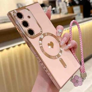 For Samsung Galaxy S23 FE 5G Pupil Side Heart MagSafe Electroplating Phone Case with Lanyard(Pink)