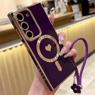 For Samsung Galaxy S23 5G Pupil Side Heart MagSafe Electroplating Phone Case with Lanyard(Dark Purple)