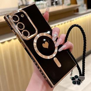 For Samsung Galaxy S23 5G Pupil Side Heart MagSafe Electroplating Phone Case with Lanyard(Black)