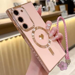 For Samsung Galaxy S22 5G Pupil Side Heart MagSafe Electroplating Phone Case with Lanyard(Pink)