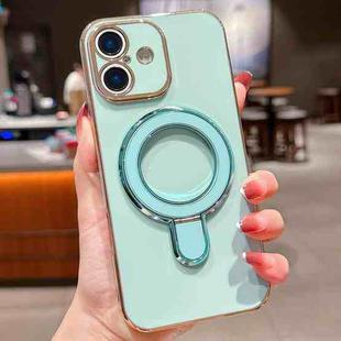 For iPhone 16 Solid Color Electroplated Metal Holder Phone Case(Light Green)