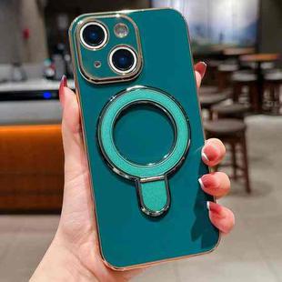 For iPhone 15 Plus Solid Color Electroplated Metal Holder Phone Case(Dark Green)